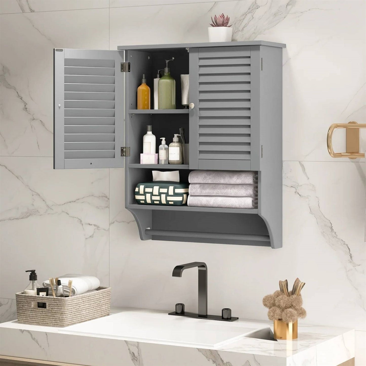 Grey Wall-Mounted Bathroom Medicine Cabinet with Louver Doors and Towel Bar FastFurnishings