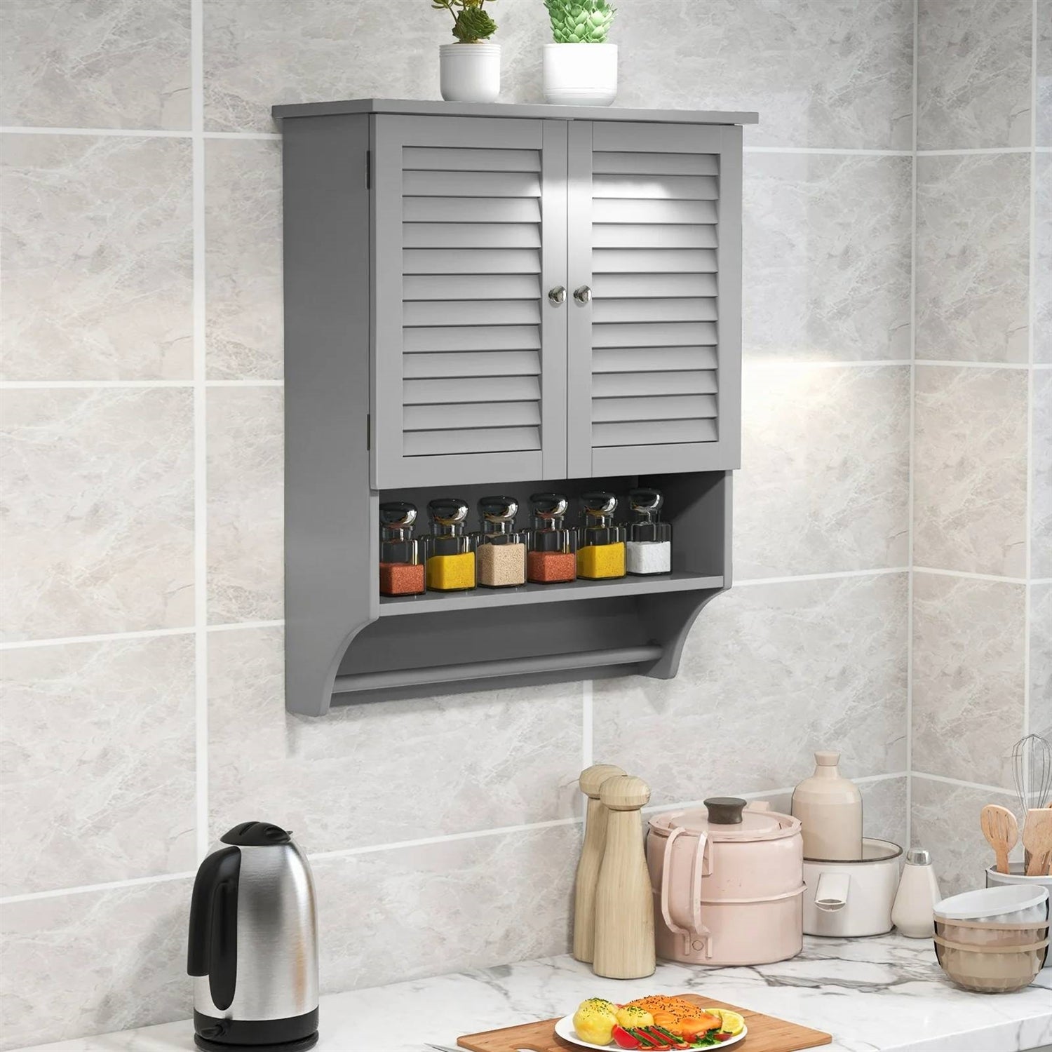 Grey Wall-Mounted Bathroom Medicine Cabinet with Louver Doors and Towel Bar FastFurnishings