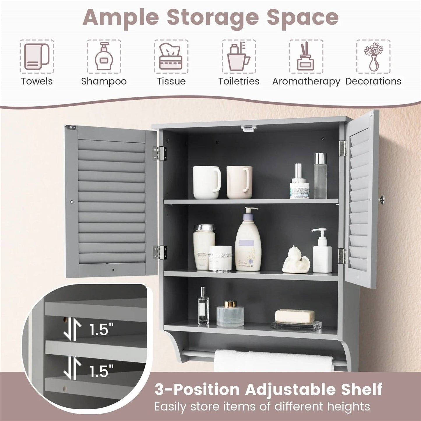 Grey Wall-Mounted Bathroom Medicine Cabinet with Louver Doors and Towel Bar FastFurnishings