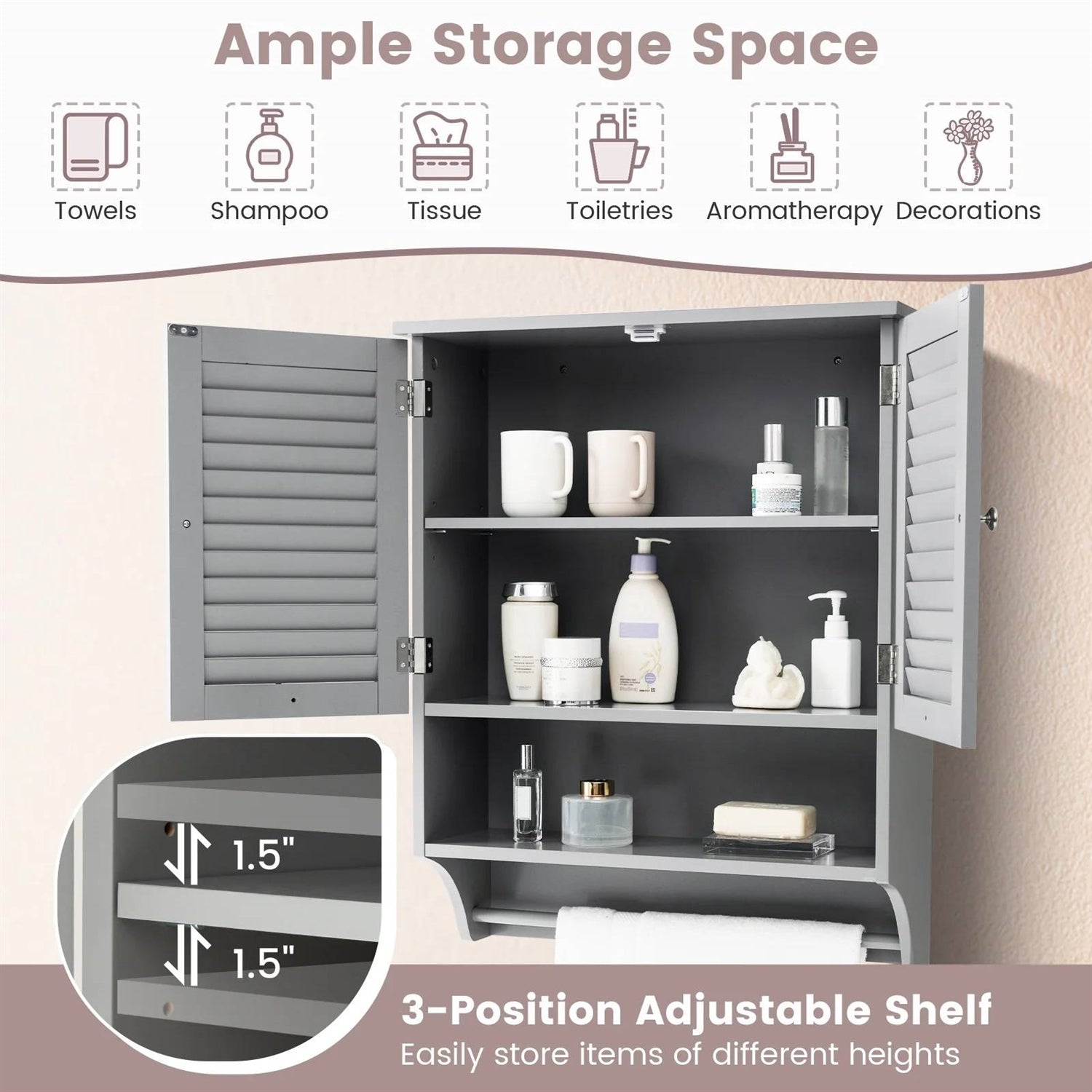 Grey Wall-Mounted Bathroom Medicine Cabinet with Louver Doors and Towel Bar FastFurnishings