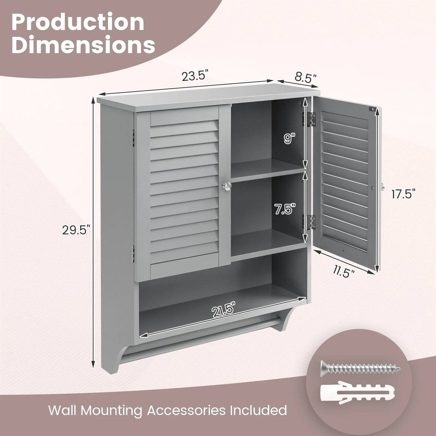 Grey Wall-Mounted Bathroom Medicine Cabinet with Louver Doors and Towel Bar FastFurnishings