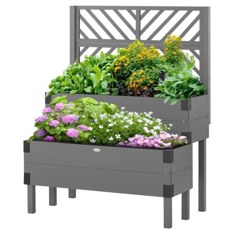 2 Tier Self Draining Grey Wood Raised Garden Bed Planter Box with Trellis FastFurnishings
