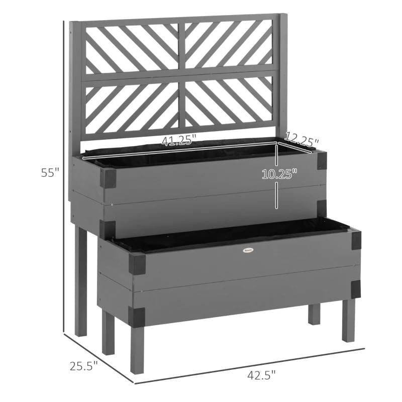 2 Tier Self Draining Grey Wood Raised Garden Bed Planter Box with Trellis FastFurnishings
