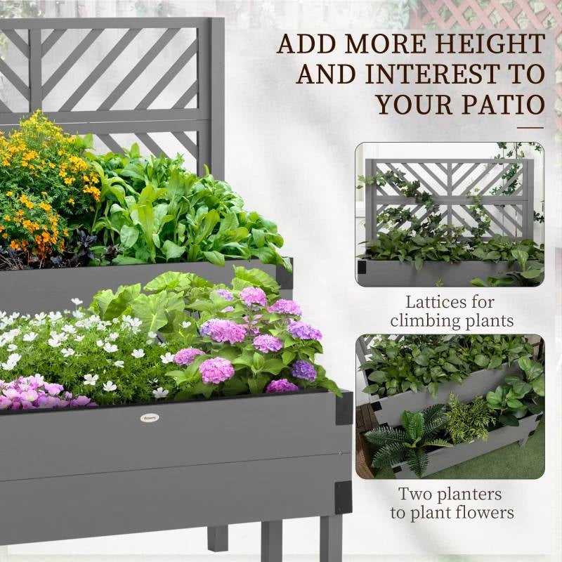 2 Tier Self Draining Grey Wood Raised Garden Bed Planter Box with Trellis FastFurnishings