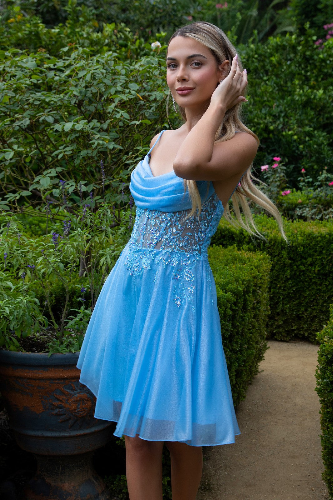 Sheer Bodice Glitter Print Embellished Spaghetti Strap Homecoming Dress Tux-USA