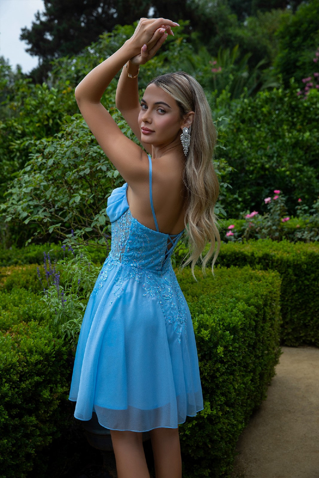 Sheer Bodice Glitter Print Embellished Spaghetti Strap Homecoming Dress Tux-USA