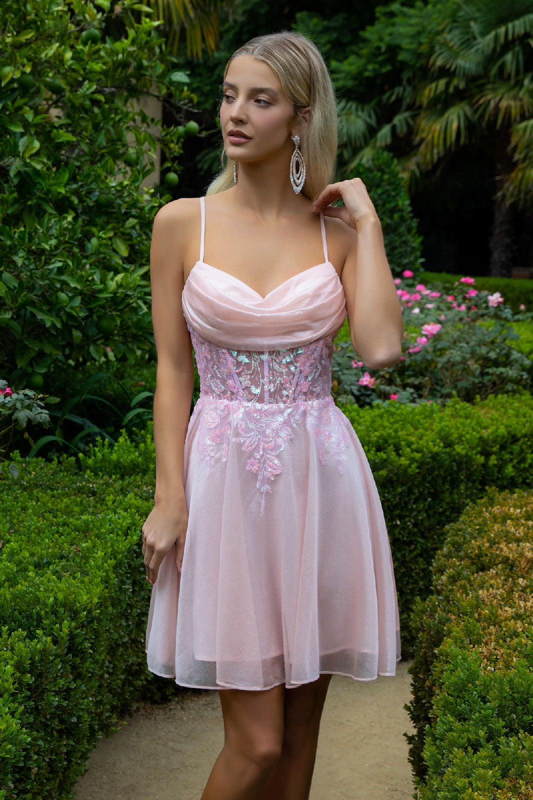 Sheer Bodice Glitter Print Embellished Spaghetti Strap Homecoming Dress Tux-USA