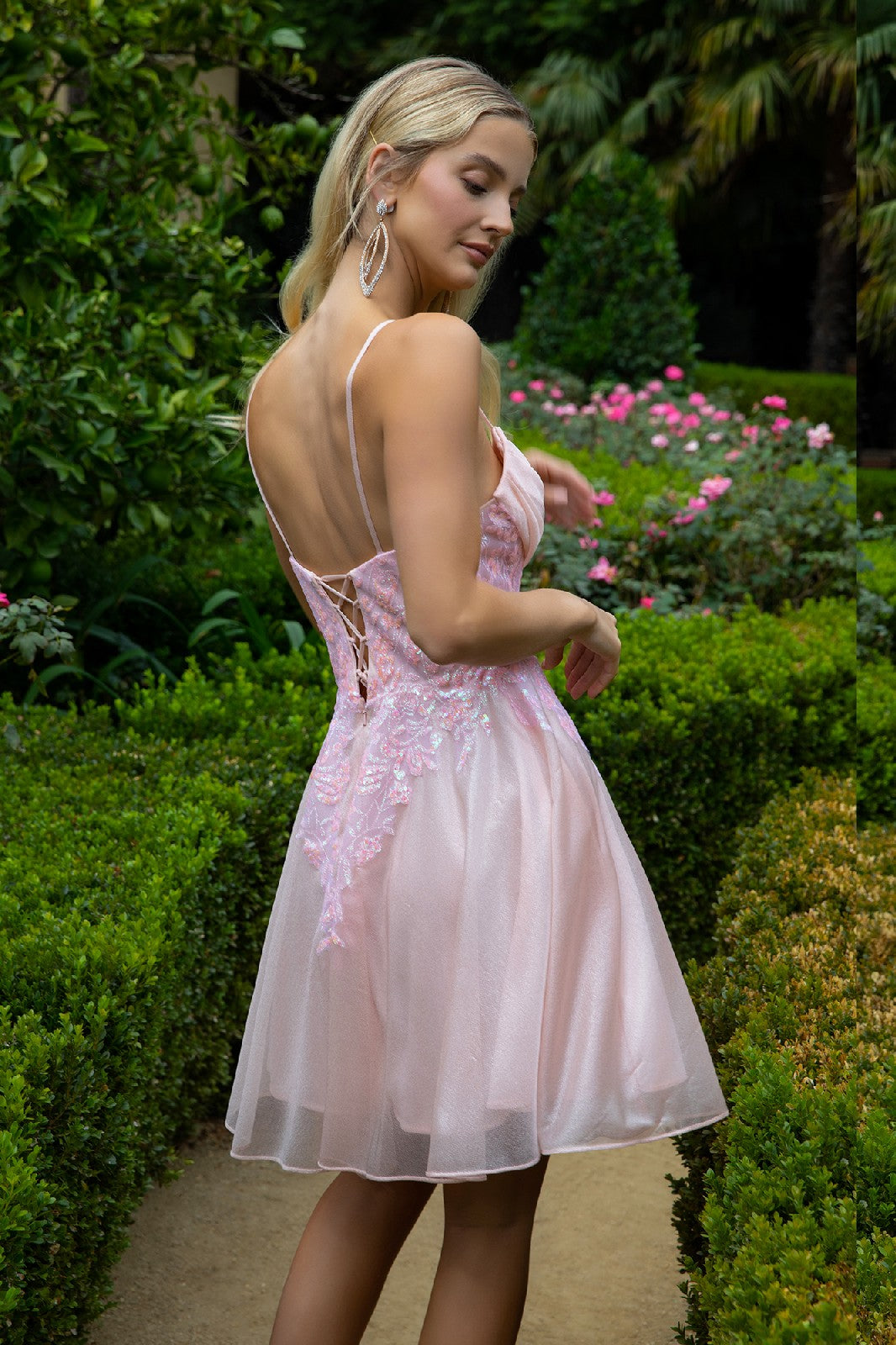 Sheer Bodice Glitter Print Embellished Spaghetti Strap Homecoming Dress Tux-USA