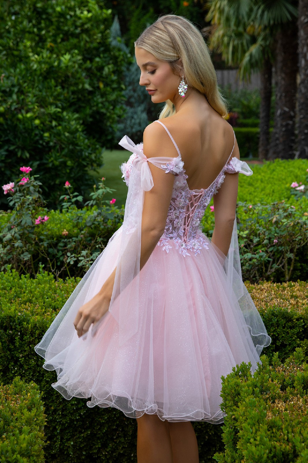 3D Flower and Embroidery Embellished Glitter Mesh Homecoming Dress w/ Lace-Up Back Tux-USA