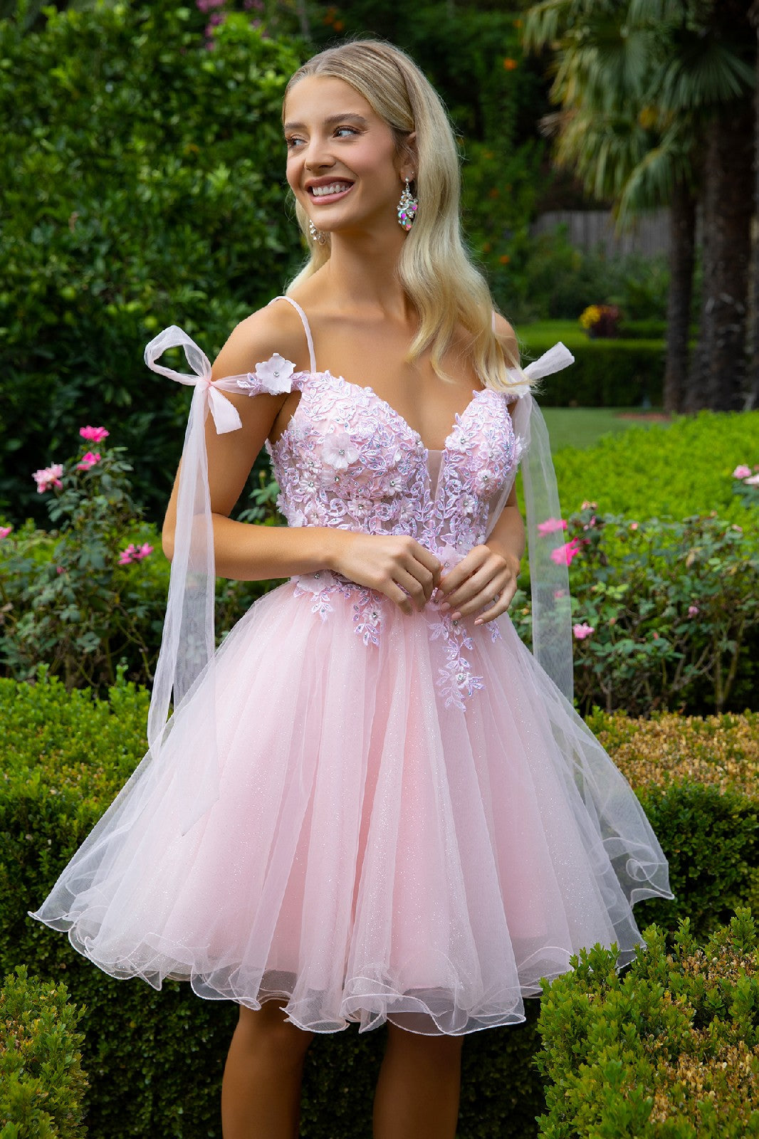 3D Flower and Embroidery Embellished Glitter Mesh Homecoming Dress w/ Lace-Up Back Tux-USA