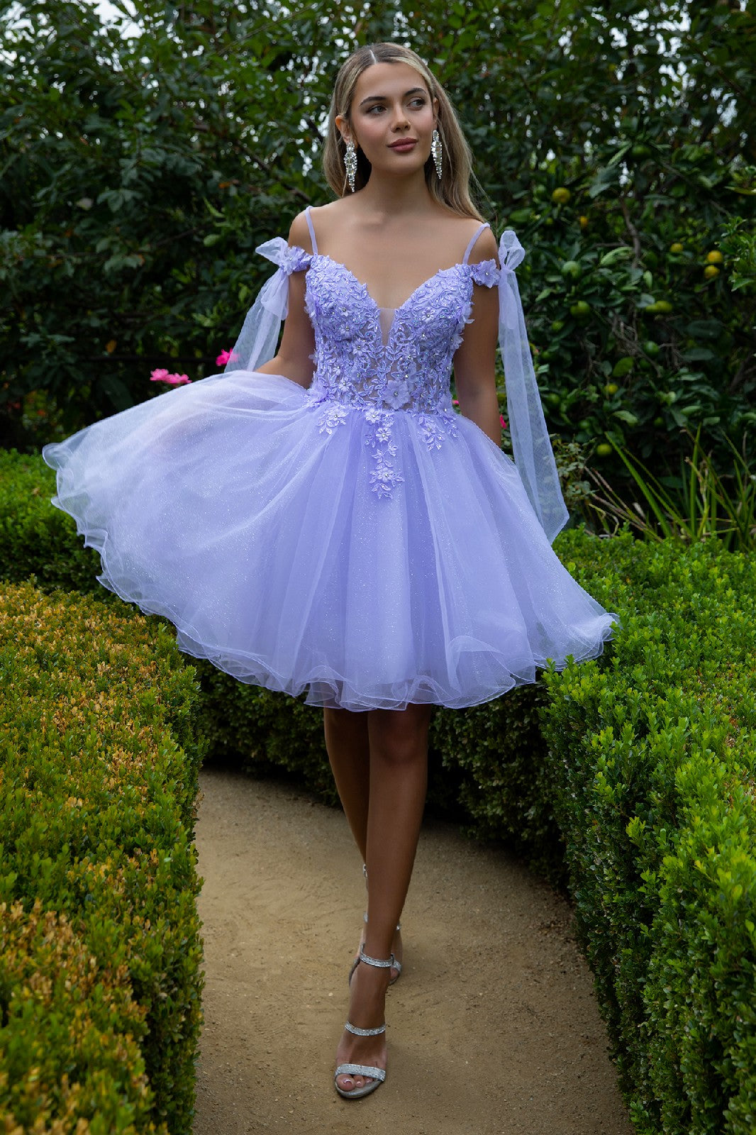 3D Flower and Embroidery Embellished Glitter Mesh Homecoming Dress w/ Lace-Up Back Tux-USA