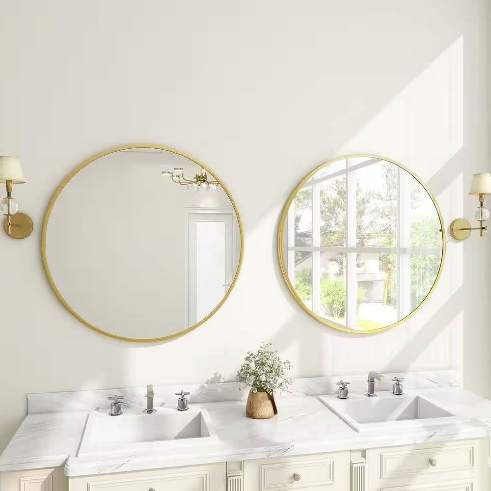 Round 24-inch Circular Bathroom Wall Mirror with Gold Frame Unbranded
