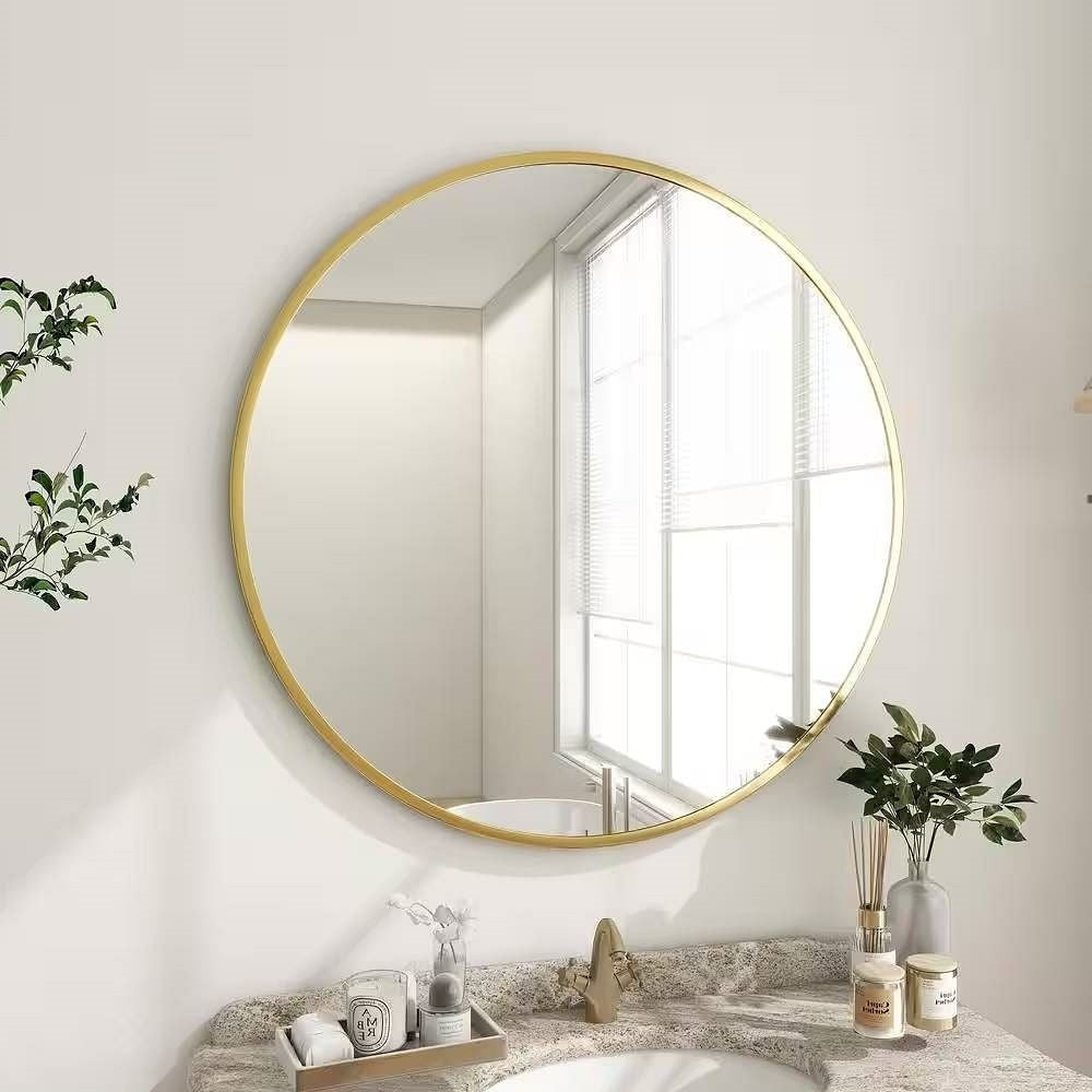 Round 24-inch Circular Bathroom Wall Mirror with Gold Frame Unbranded