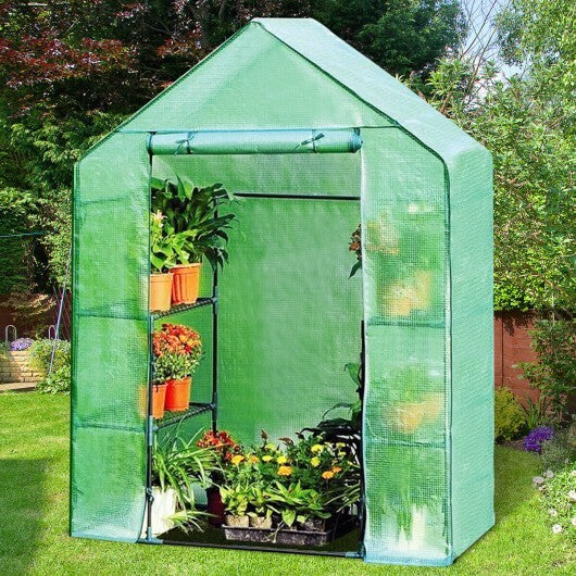Portable 4 Tier Walk-in Plant Greenhouse with 8 Shelves - Color: Green W2B