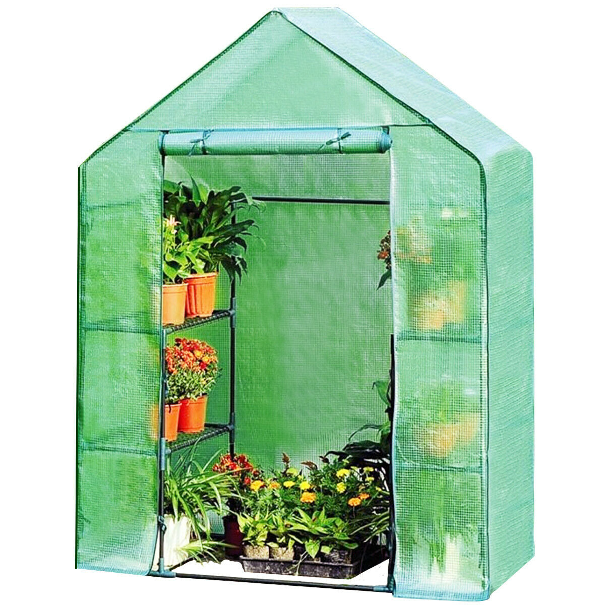 Portable 4 Tier Walk-in Plant Greenhouse with 8 Shelves - Color: Green W2B