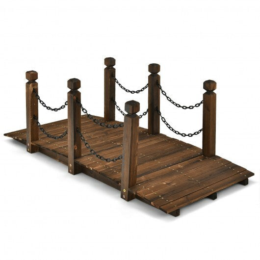 5 Feet Wooden Garden Bridge Arc Footbridge Stained Finish Walkway with Safety Rails W2B