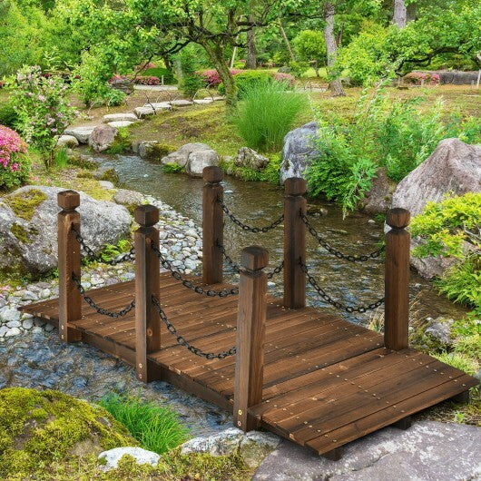 5 Feet Wooden Garden Bridge Arc Footbridge Stained Finish Walkway with Safety Rails W2B