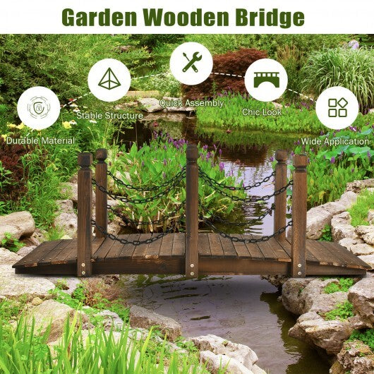 5 Feet Wooden Garden Bridge Arc Footbridge Stained Finish Walkway with Safety Rails W2B