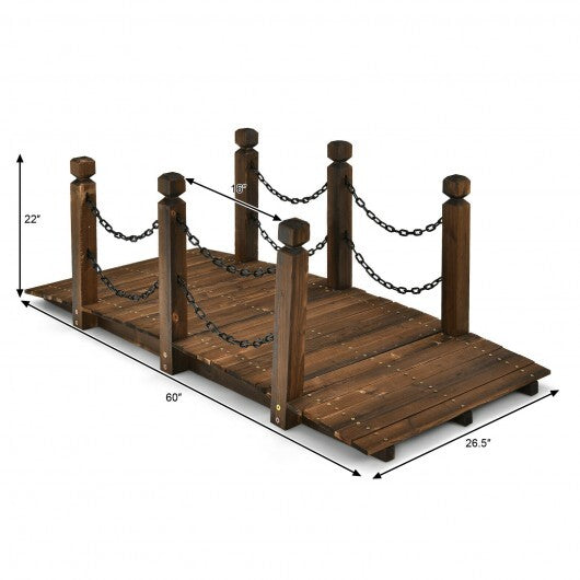 5 Feet Wooden Garden Bridge Arc Footbridge Stained Finish Walkway with Safety Rails W2B