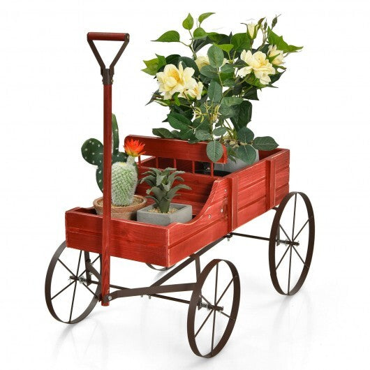 Wooden Wagon Plant Bed With Wheel for Garden Yard-Red W2B