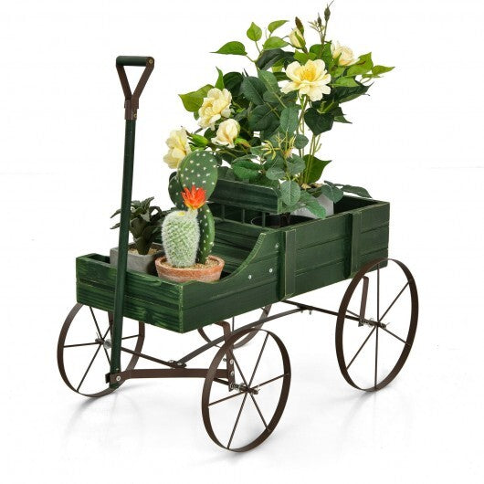 Wooden Wagon Plant Bed With Wheel for Garden Yard-Green - Color: Green W2B