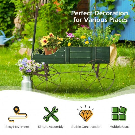 Wooden Wagon Plant Bed With Wheel for Garden Yard-Green - Color: Green W2B