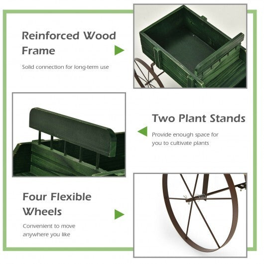 Wooden Wagon Plant Bed With Wheel for Garden Yard-Green - Color: Green W2B