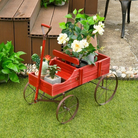 Wooden Wagon Plant Bed With Wheel for Garden Yard-Red - Color: Red W2B