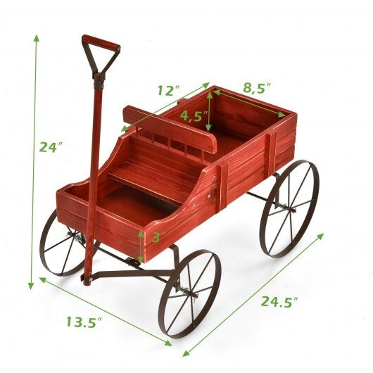 Wooden Wagon Plant Bed With Wheel for Garden Yard-Red - Color: Red W2B