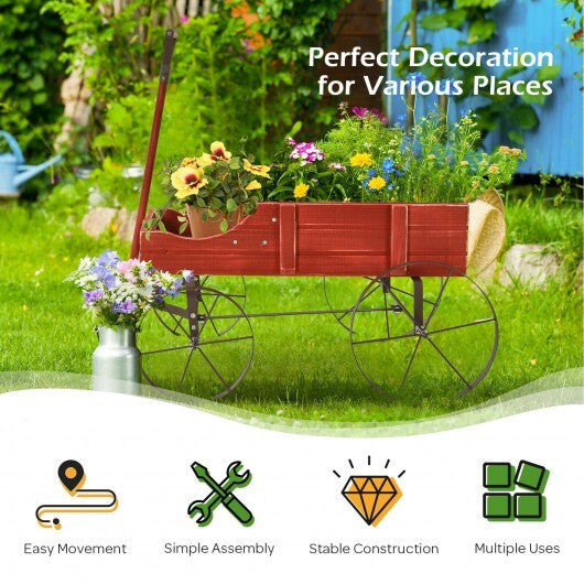 Wooden Wagon Plant Bed With Wheel for Garden Yard-Red W2B