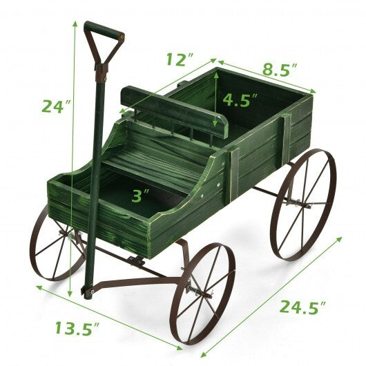 Wooden Wagon Plant Bed With Wheel for Garden Yard-Red W2B