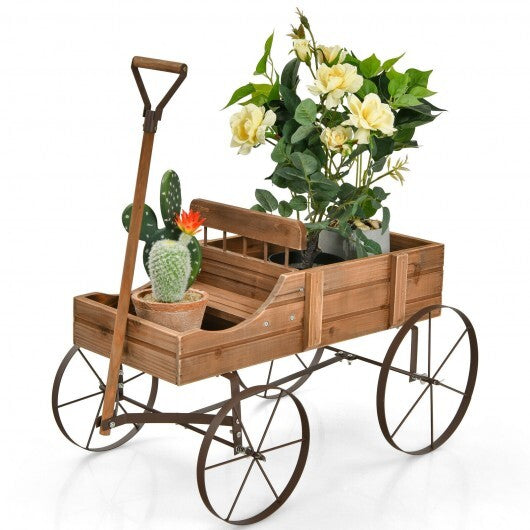 Wooden Wagon Plant Bed With Wheel for Garden Yard-Red W2B