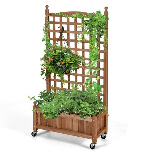 50 Inch Wood Planter Box with Trellis Mobile Raised Bed for Climbing Plant W2B