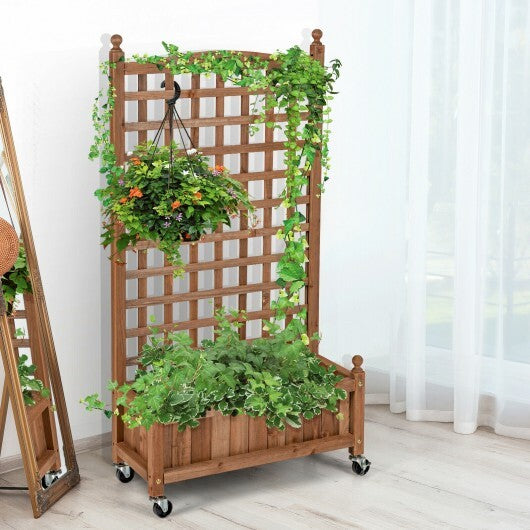50 Inch Wood Planter Box with Trellis Mobile Raised Bed for Climbing Plant W2B