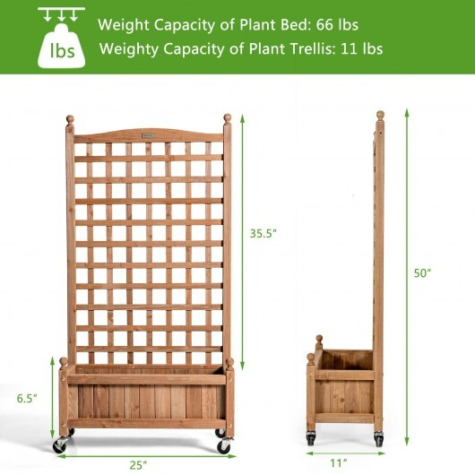 50 Inch Wood Planter Box with Trellis Mobile Raised Bed for Climbing Plant W2B