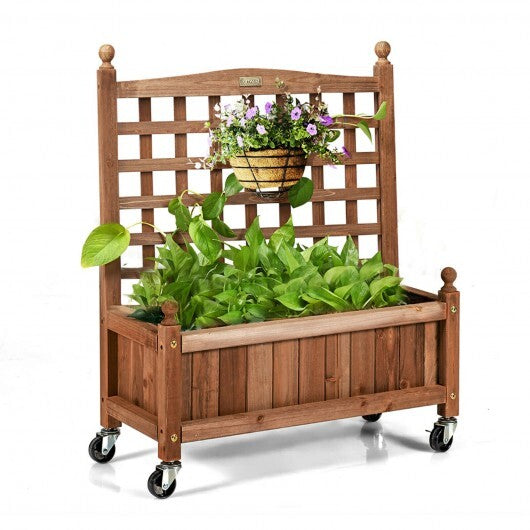 32in Wood Planter Box with Trellis Mobile Raised Bed for Climbing Plant - Color: Brown W2B