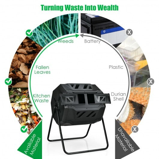 43 Gallon Composting Tumbler Compost Bin with Dual Rotating Chamber - Color: Black W2B