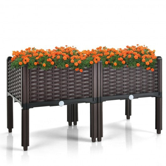 2 Set Elevated Plastic Raised Garden Bed Planter Kit for Flower Vegetable Grow-Brown - Color: Brown W2B
