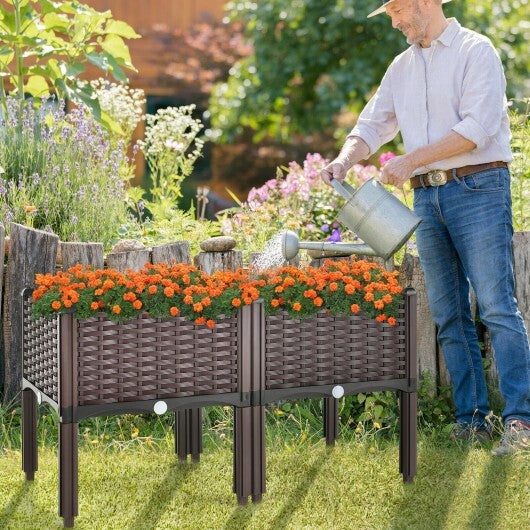 2 Set Elevated Plastic Raised Garden Bed Planter Kit for Flower Vegetable Grow-Brown - Color: Brown W2B