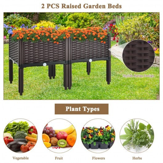 2 Set Elevated Plastic Raised Garden Bed Planter Kit for Flower Vegetable Grow-Brown - Color: Brown W2B