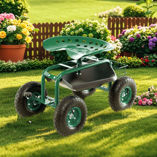 4-Wheel Rolling Garden Cart Work Seat-Blue W2B