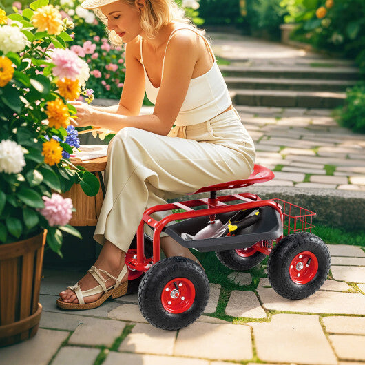 4-Wheel Rolling Garden Cart Work Seat-Blue W2B