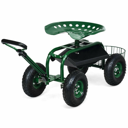 Heavy Duty Garden Cart with Tool Tray and 360 Swivel Seat-Green W2B