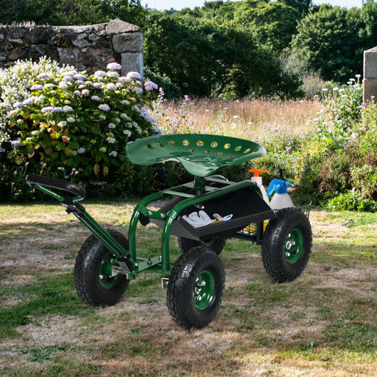 Heavy Duty Garden Cart with Tool Tray and 360 Swivel Seat-Green W2B