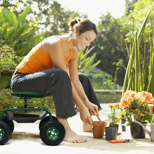 Heavy Duty Garden Cart with Tool Tray and 360 Swivel Seat-Green W2B