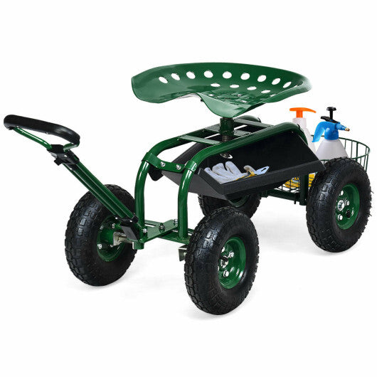 Heavy Duty Garden Cart with Tool Tray and 360 Swivel Seat-Green W2B