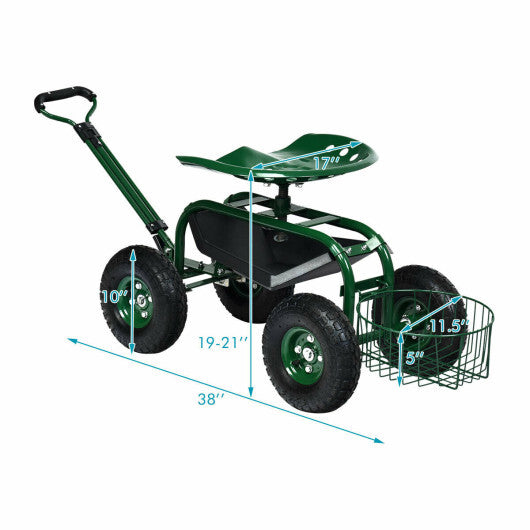 Heavy Duty Garden Cart with Tool Tray and 360 Swivel Seat-Green W2B
