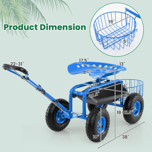 Heavy Duty Garden Cart with Tool Tray and 360 Swivel Seat-Green W2B