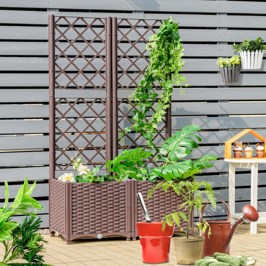 PE Rattan Raised Garden Bed with Trellis Planter Box for Climbing Plants-Brown - Color: Brown W2B