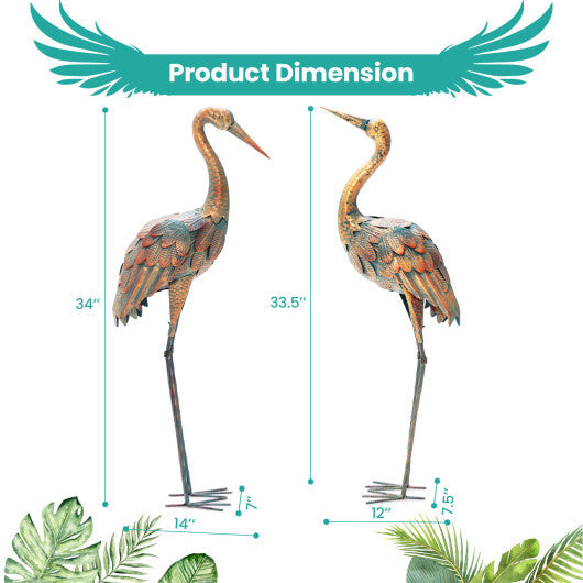 Set of 2 Crane Garden Statues Standing Metal Crane Sculptures Bird W2B